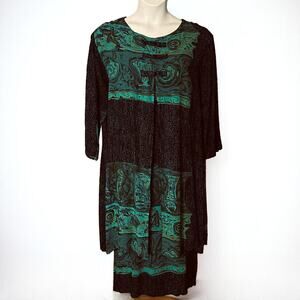 Vintage Art & Artifact Bohemian Midi Dress Sz Large Shift Navy Blue & Teal Glam